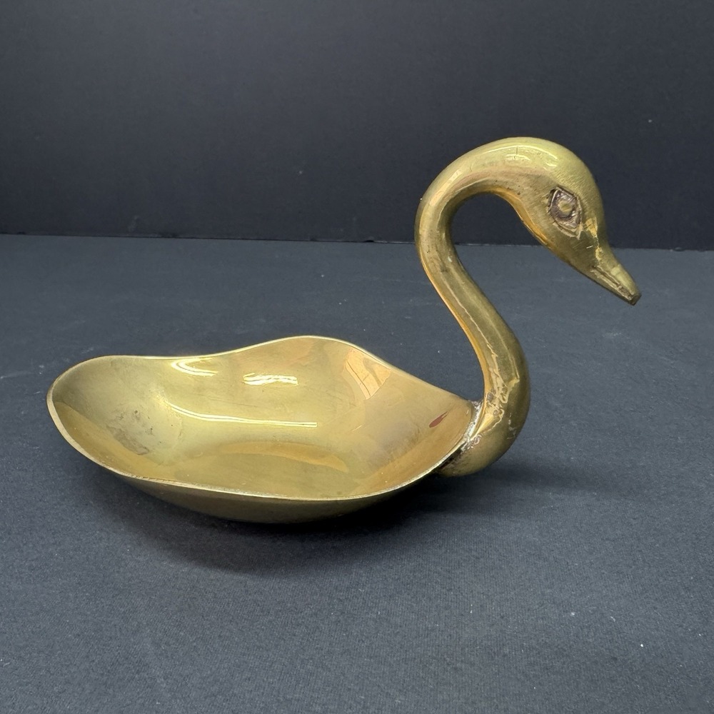 Vintage Brass Swan Duck Swan Trinket Tray Soap Candy Dish India Patina MCM
